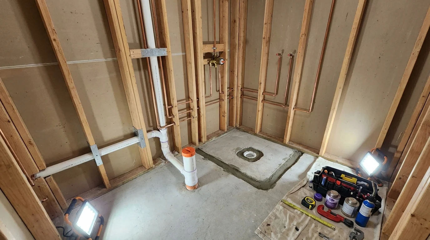 Bathroom rough-in plumbing during remodel by Johns Plumbing LLC in Beverly