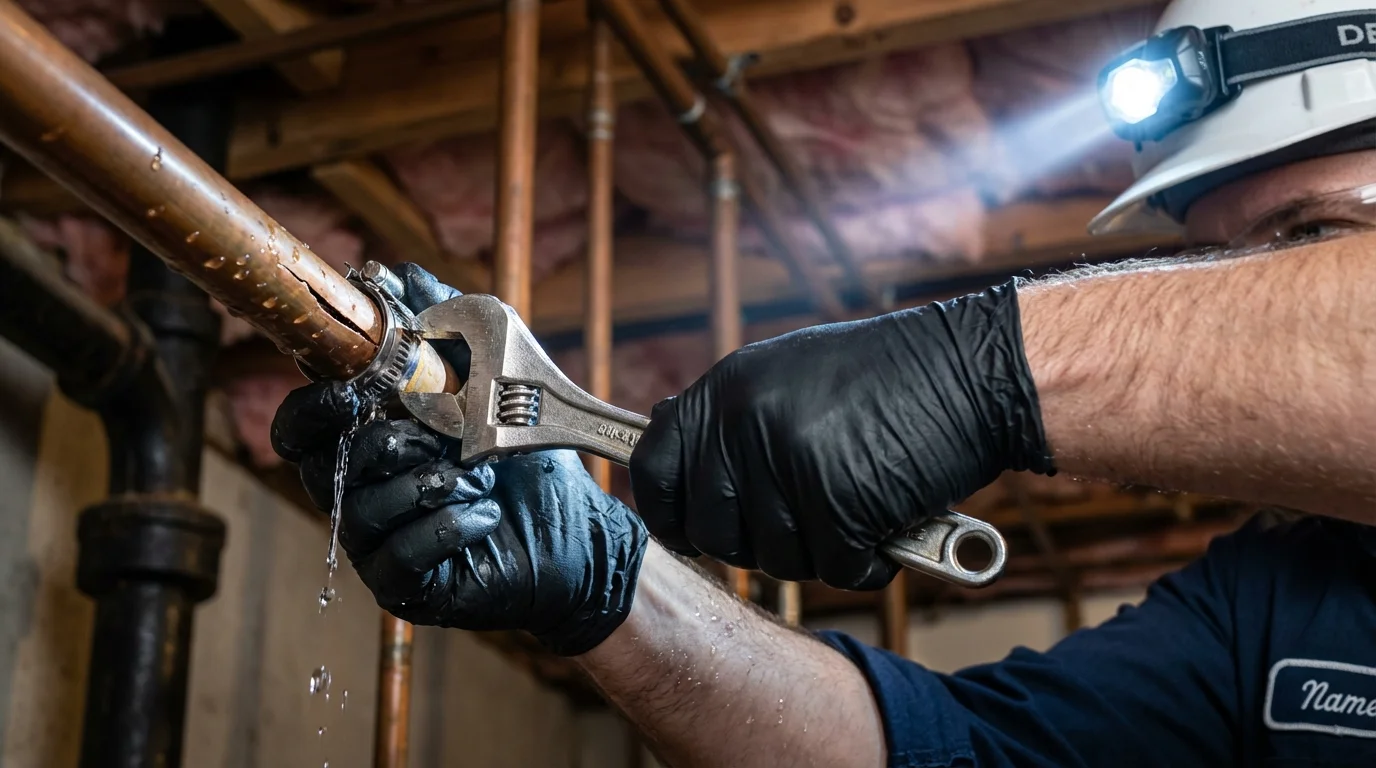 Emergency pipe clamp repair being performed by a Johns Plumbing LLC plumber in Beverly