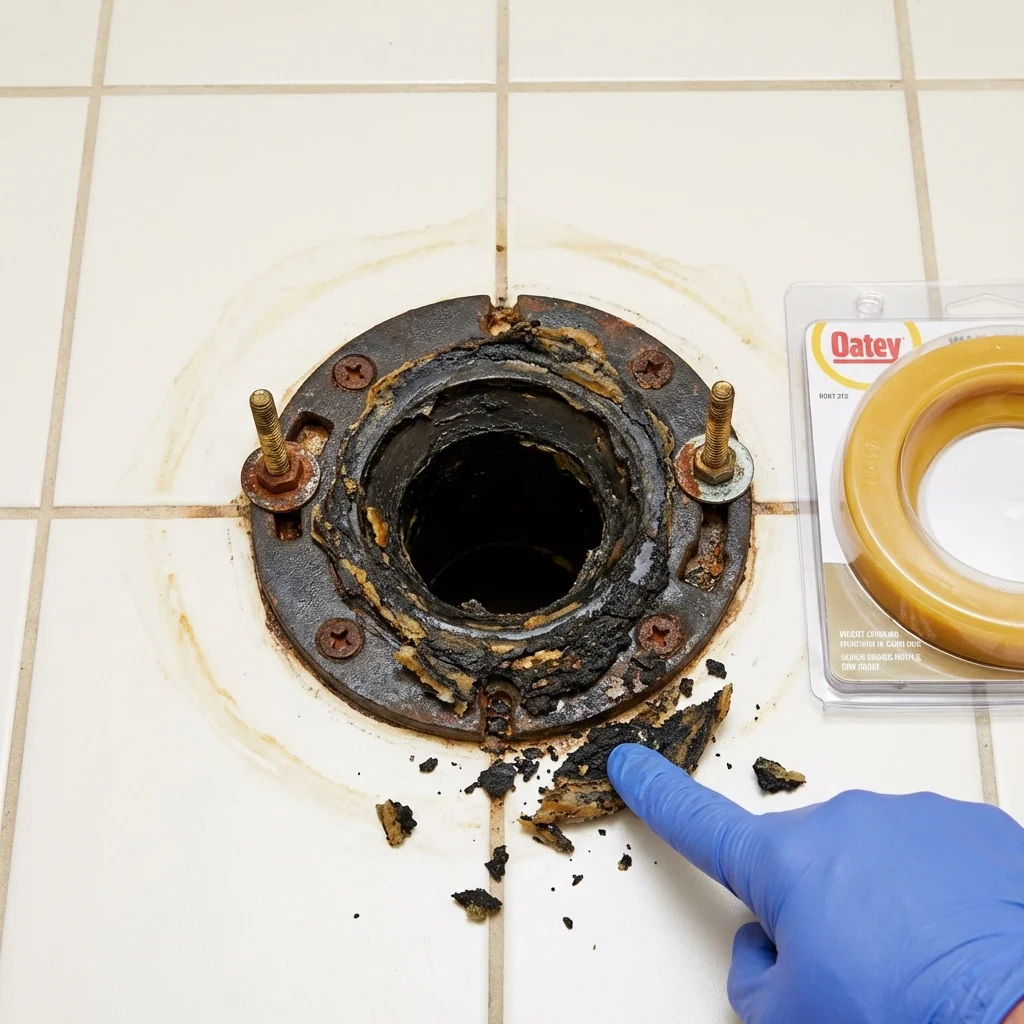 Failed wax ring showing water seepage at the base of a toilet in a Beverly, NJ home