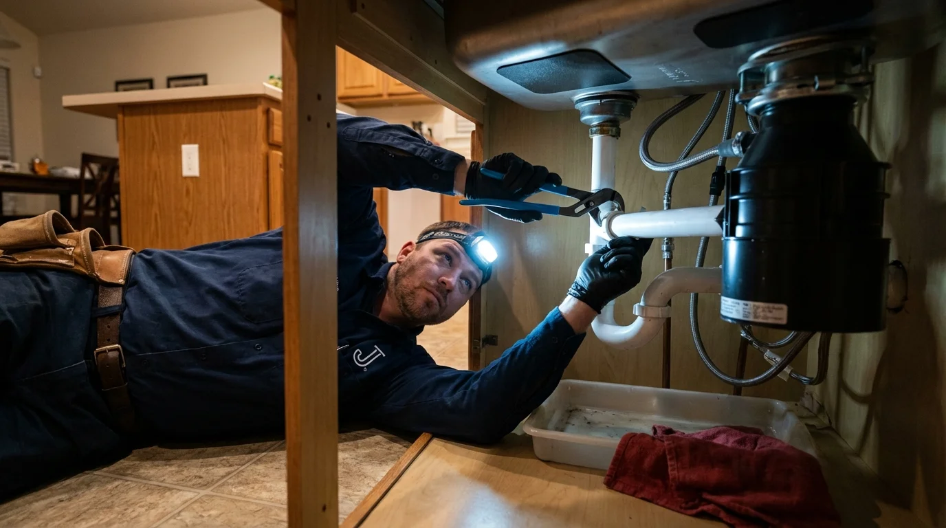P-trap and supply line connections under a kitchen sink showing a common leak point in Beverly, NJ